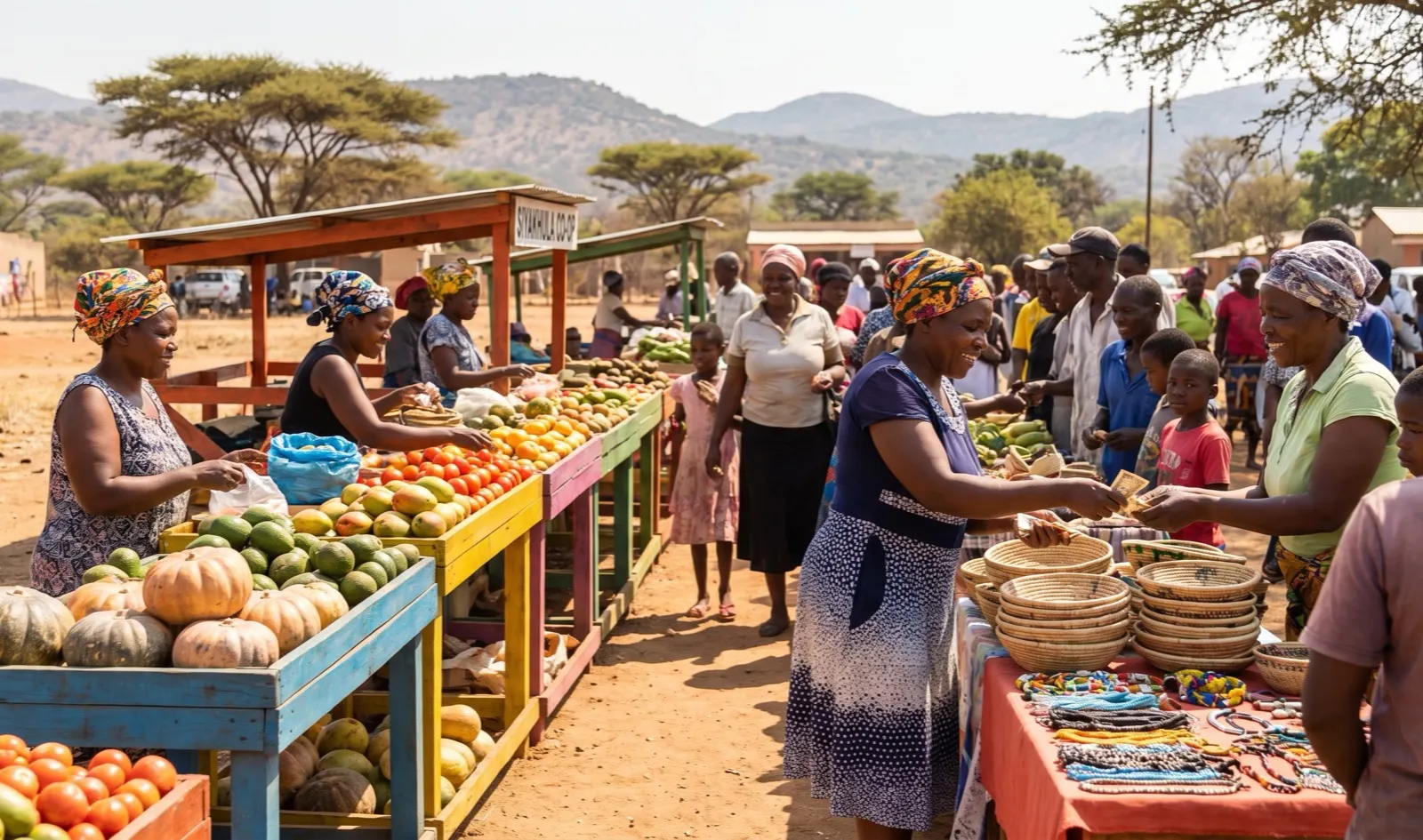 A thriving community-run market near the Greater Kruger, with women entrepreneurs selling produce and crafts