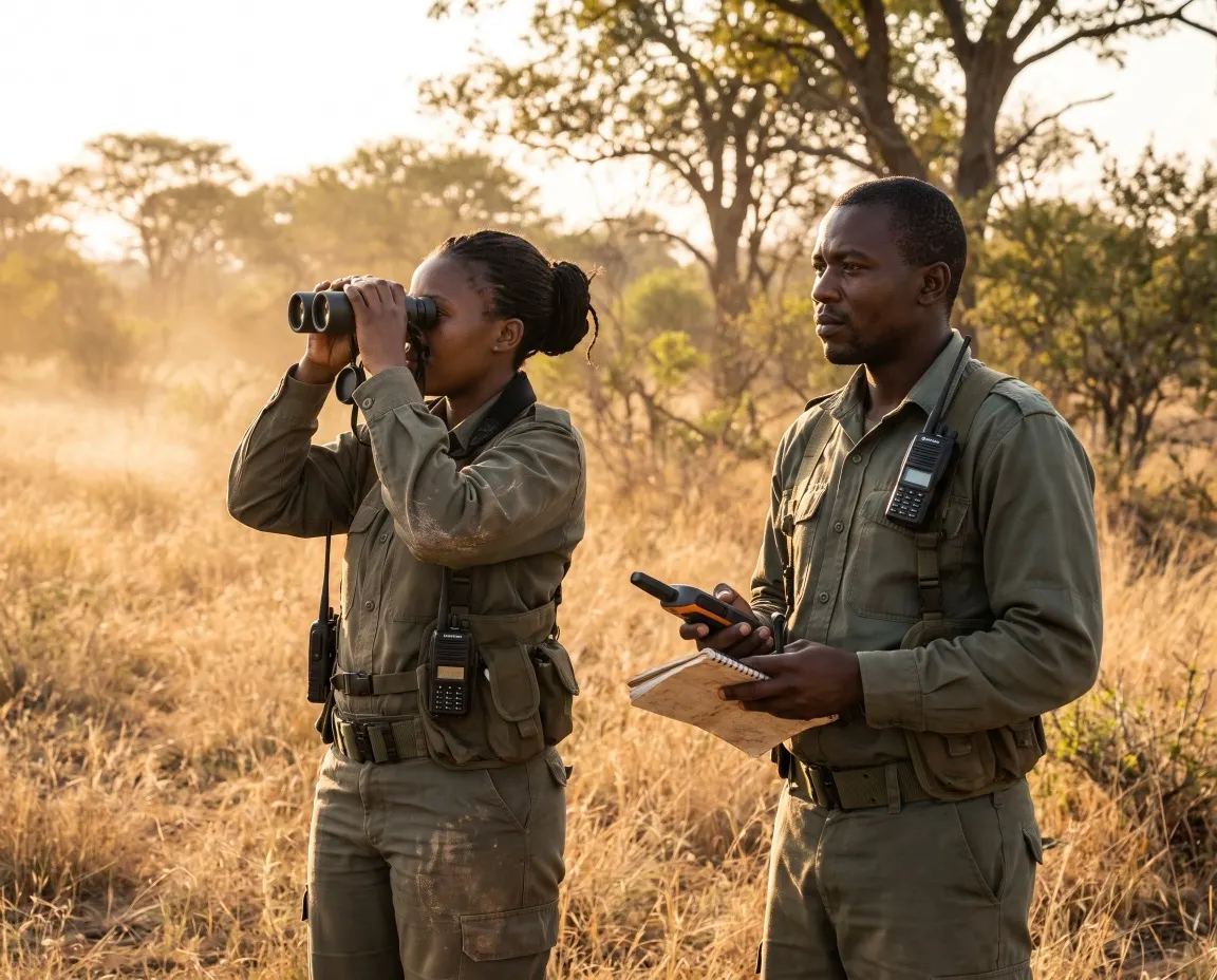 Two community rangers scanning the bushveld with binoculars and field equipment